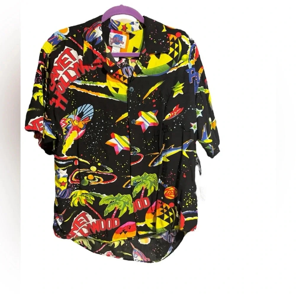 Vintage 90's Planet Hollywood Hawaiian Shirt large space neon